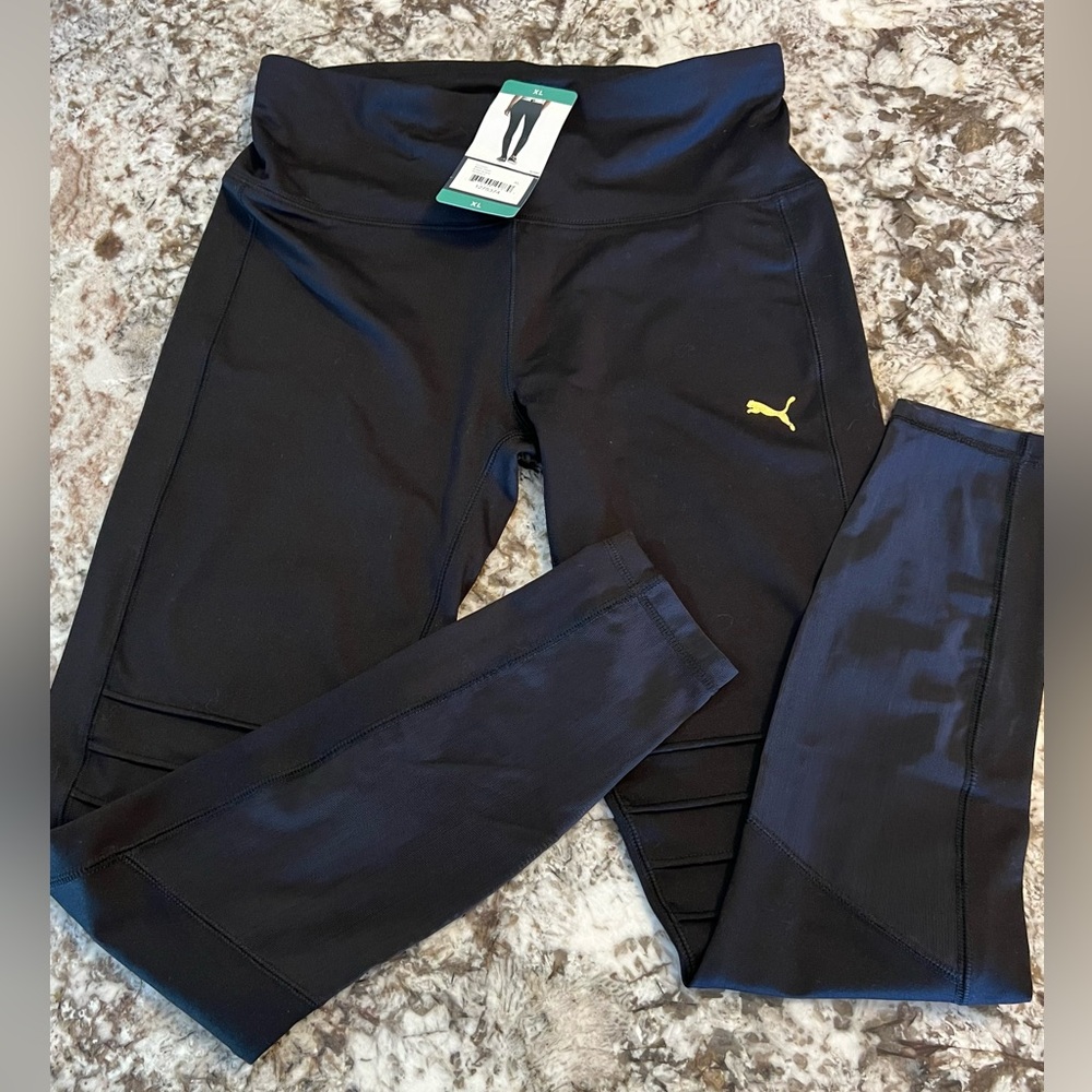 L NEW Puma Moto Active Tight Legging Black Mesh Panels Gold Logo Large Womens
